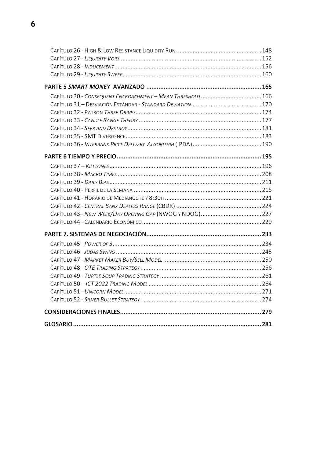Índice del libro, partes 5 a 7 y glosario, hasta la página 281